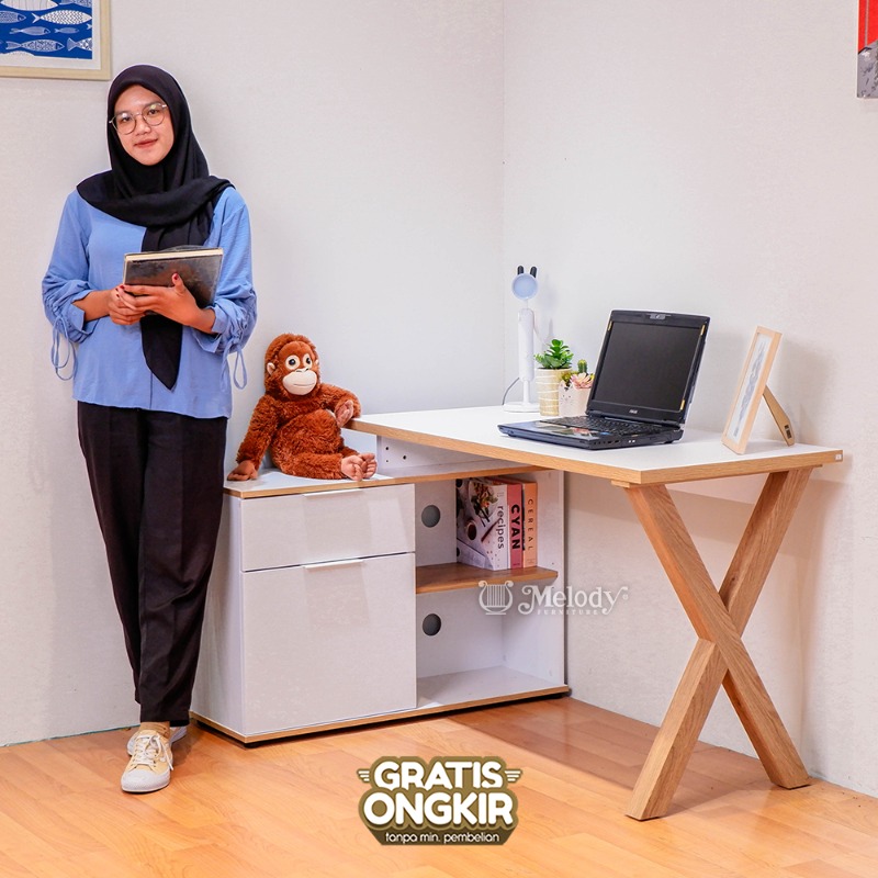 Melody Furniture - Meja Kerja Sudut Meja Belajar Multifungsi Minimalis Modern - X Club Desk