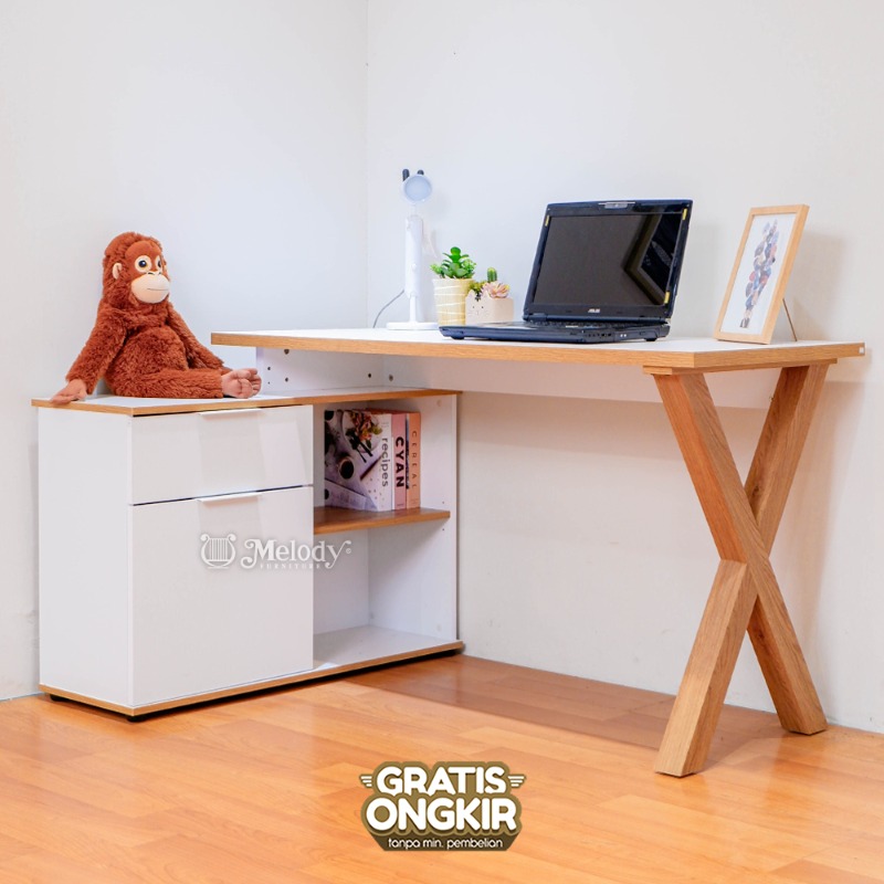 Melody Furniture - Meja Kerja Sudut Meja Belajar Multifungsi Minimalis Modern - X Club Desk