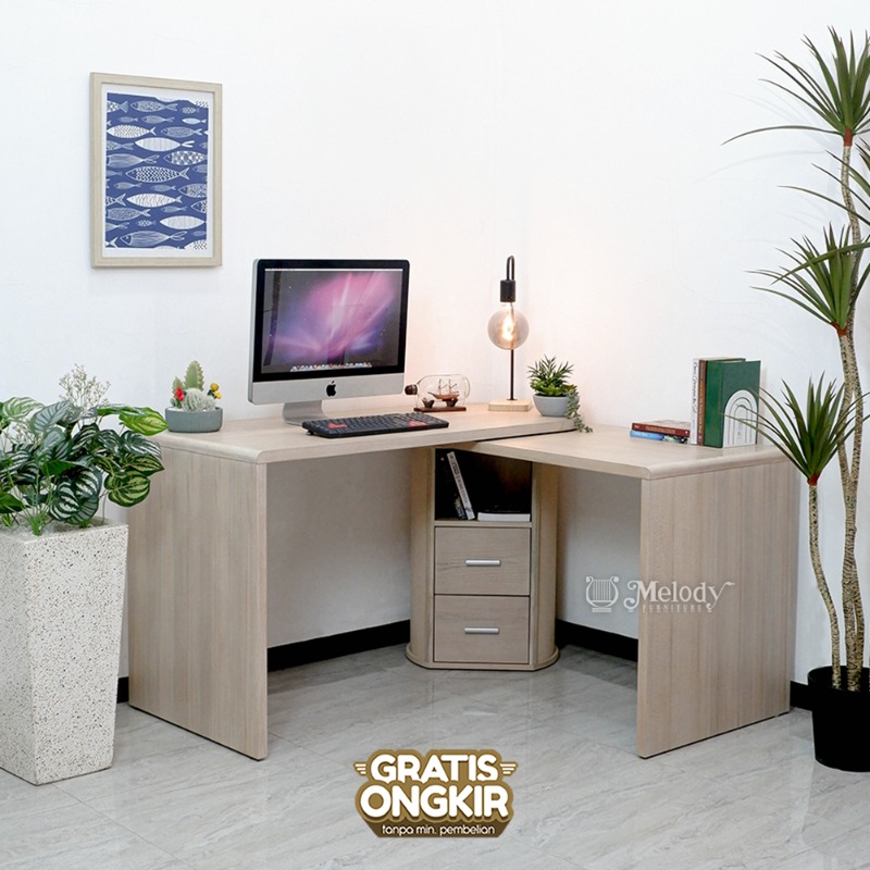 Melody Furniture - Meja Kerja Belajar Kantor Putar dengan roda 360 Derajat 3 in 1 MOVEL SWIVEL DESK - BEECH - WHWASH