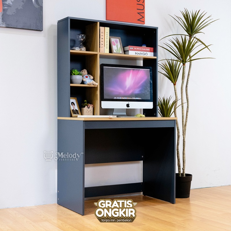 Melody Furniture - Meja Keja Belajar Kantor dengan Rak Buku Serbaguna BUZZ DESK 90 cm - GREY BIANCO