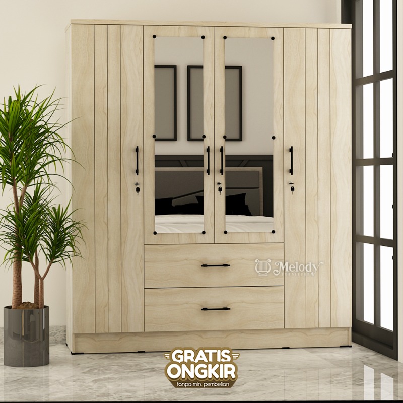 Melody Furniture - Lemari Pakaian Lemari Baju 4 Pintu dengan Cermin dan Laci Bianca 430 LL