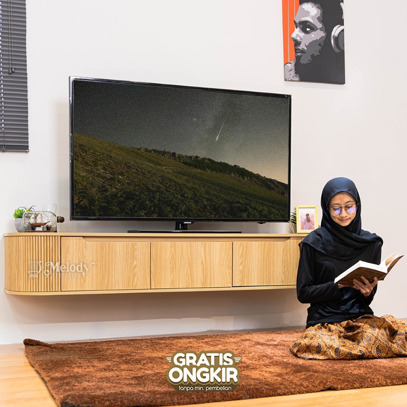 Meja Rak TV Gantung Japandi 2 Opsi TV Stand LILAN WALL MOUNT TV 180 cm - Euro Oak