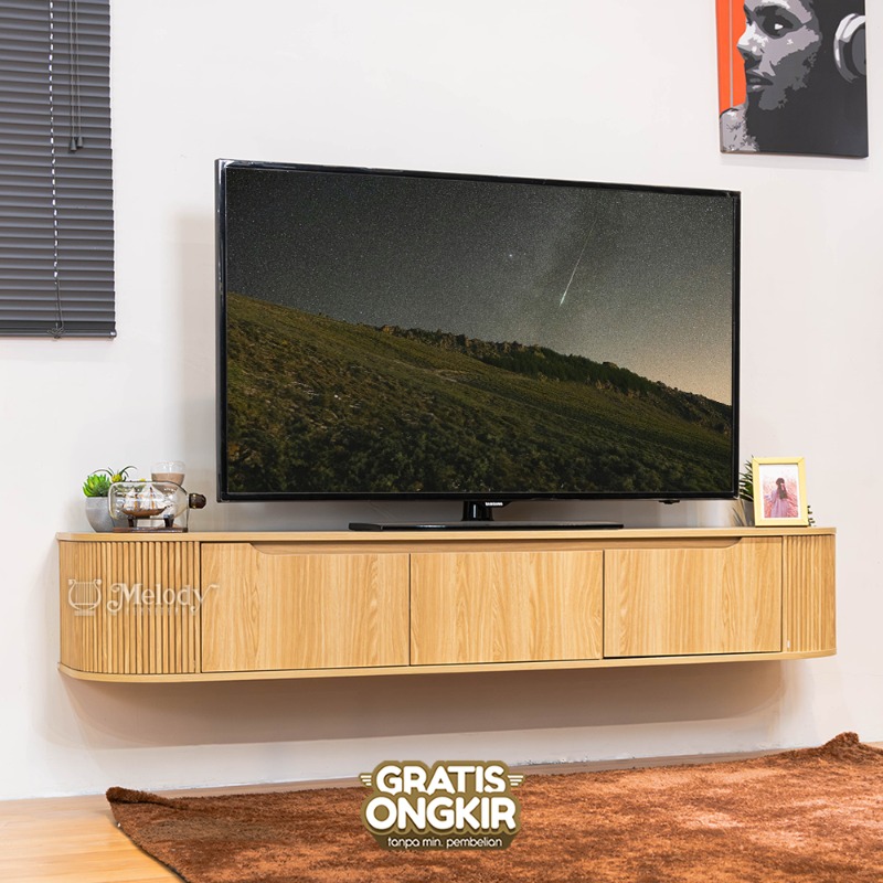 Melody Furniture - Meja Rak TV Gantung Japandi 2 Opsi TV Stand LILAN WALL MOUNT TV 180 cm - Euro Oak