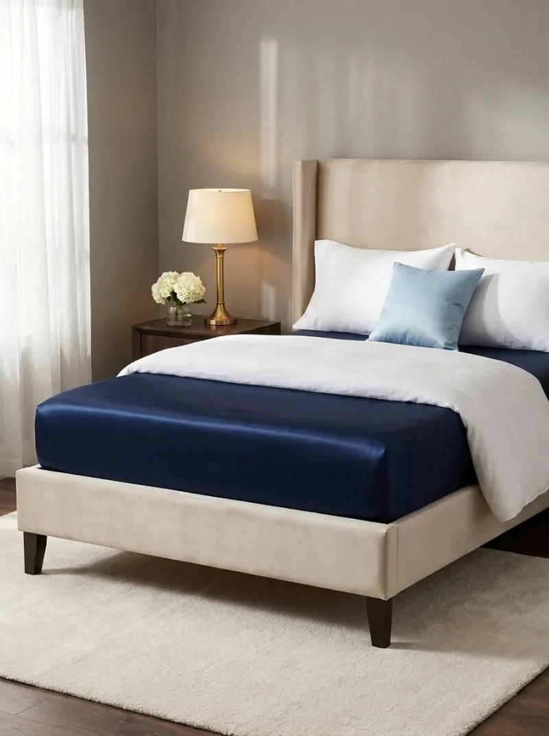 Cadar fitted satin pada katil moden dan elegan