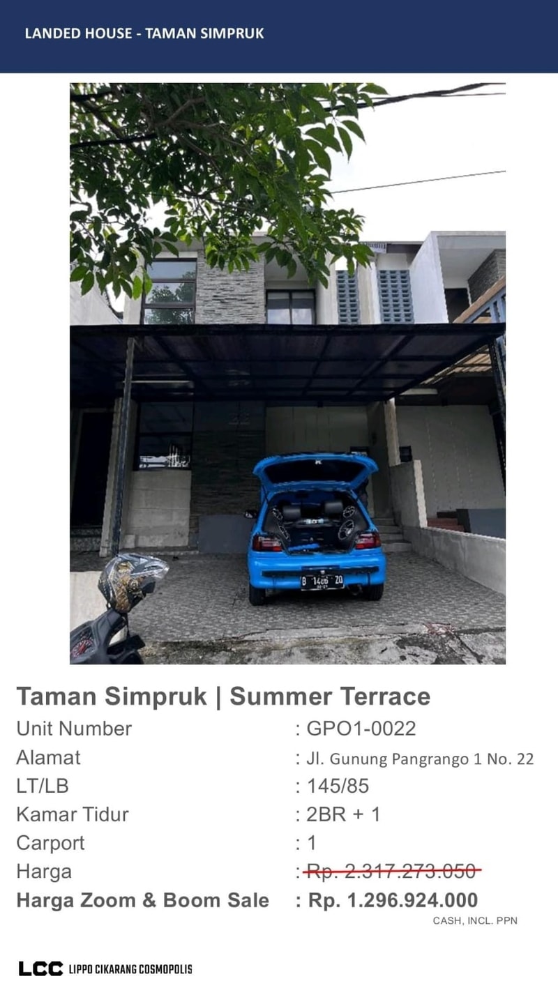 Rumah Dijual As is Lippo Cikarang Cluster Summer Terrace Taman Simpruk unit standard (ex Buy Back)