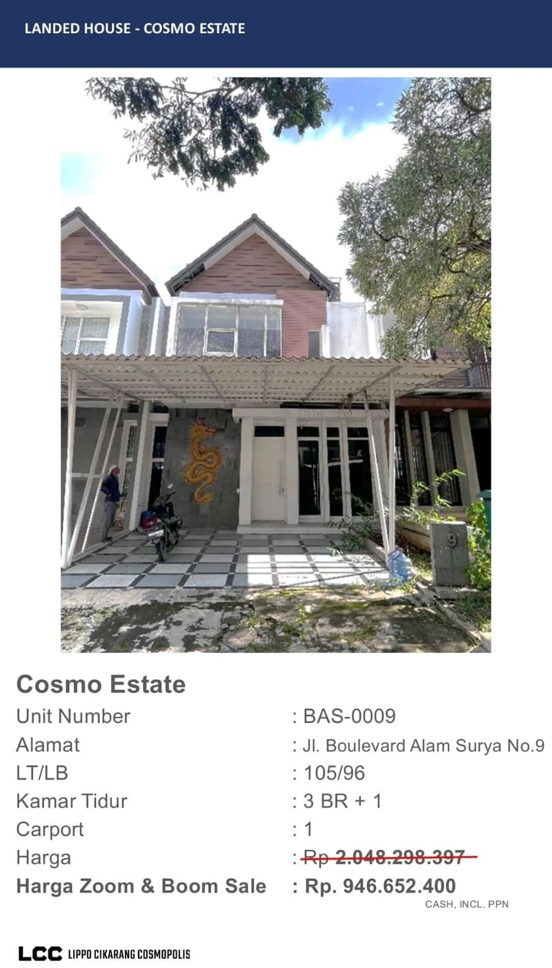 Rumah Dijual As is di Lippo Cikarang Cluster Cosmo Estate unit non standard (ex Buy Back)