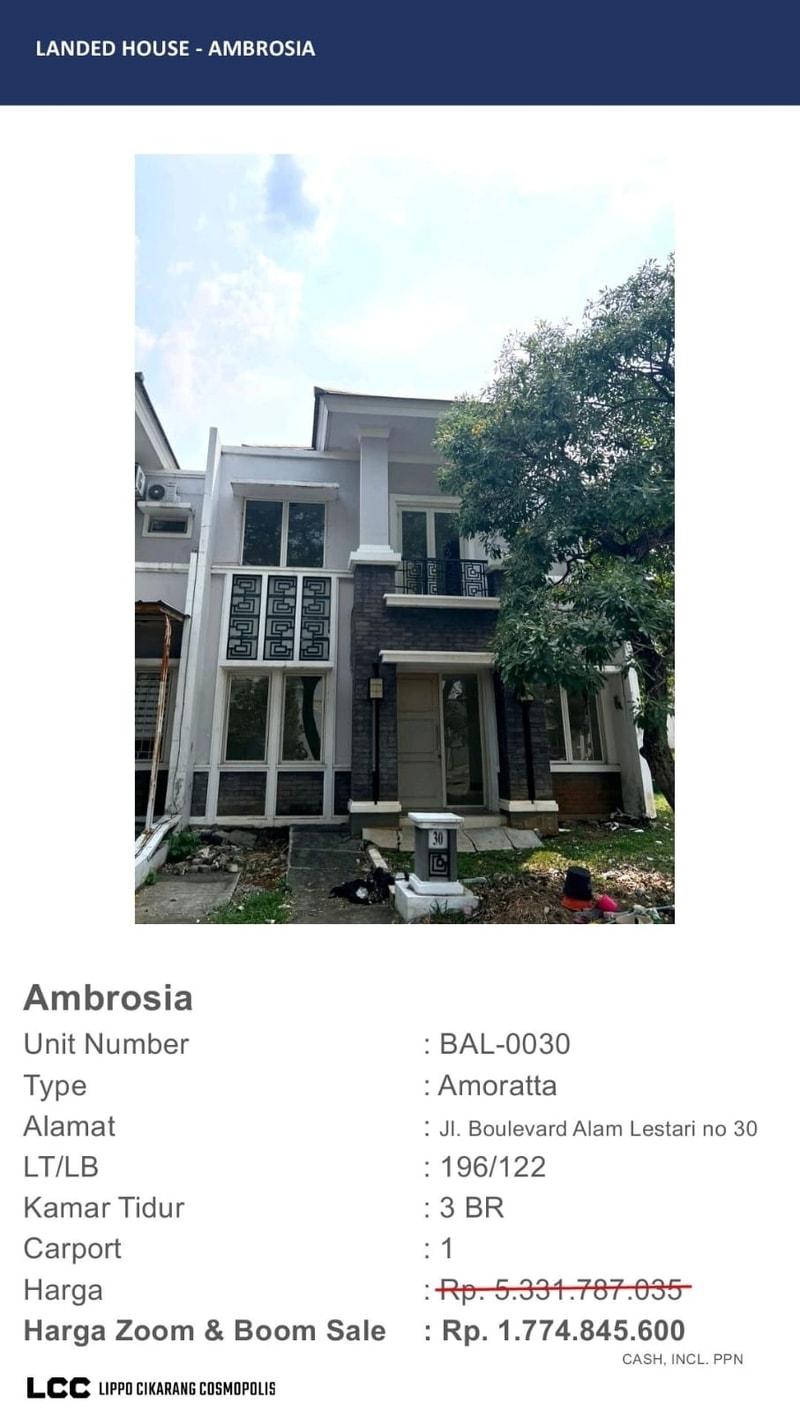 Rumah Dijual As is di Lippo Cikarang Cluster Ambrosia unit standard (ex Buy Back)