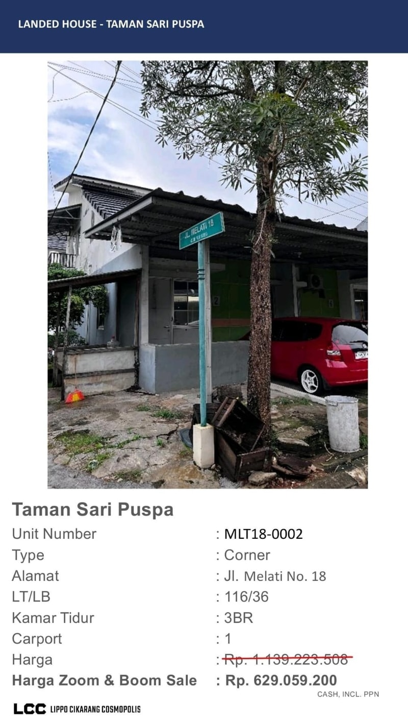 Rumah Dijual As is Lippo Cikarang Cluster Taman Sari Puspa Lembah Hijau unit Corner (ex Buy Back)