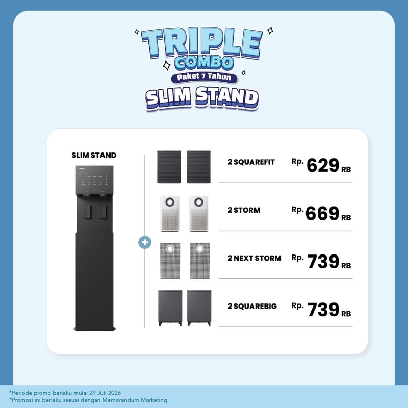 Poster promosi Coway Triple Combo Paket 7 Tahun untuk mesin air SLIM STAND. Menampilkan SLIM STAND yang bisa dikombinasikan dengan: 2 Squarefit seharga Rp 629 Ribu, 2 Storm seharga Rp 669 Ribu, 2 Next Storm seharga Rp 739 Ribu, atau 2 Squarebig seharga Rp 739 Ribu. Periode promo berlaku mulai 29 Juli 2026.
