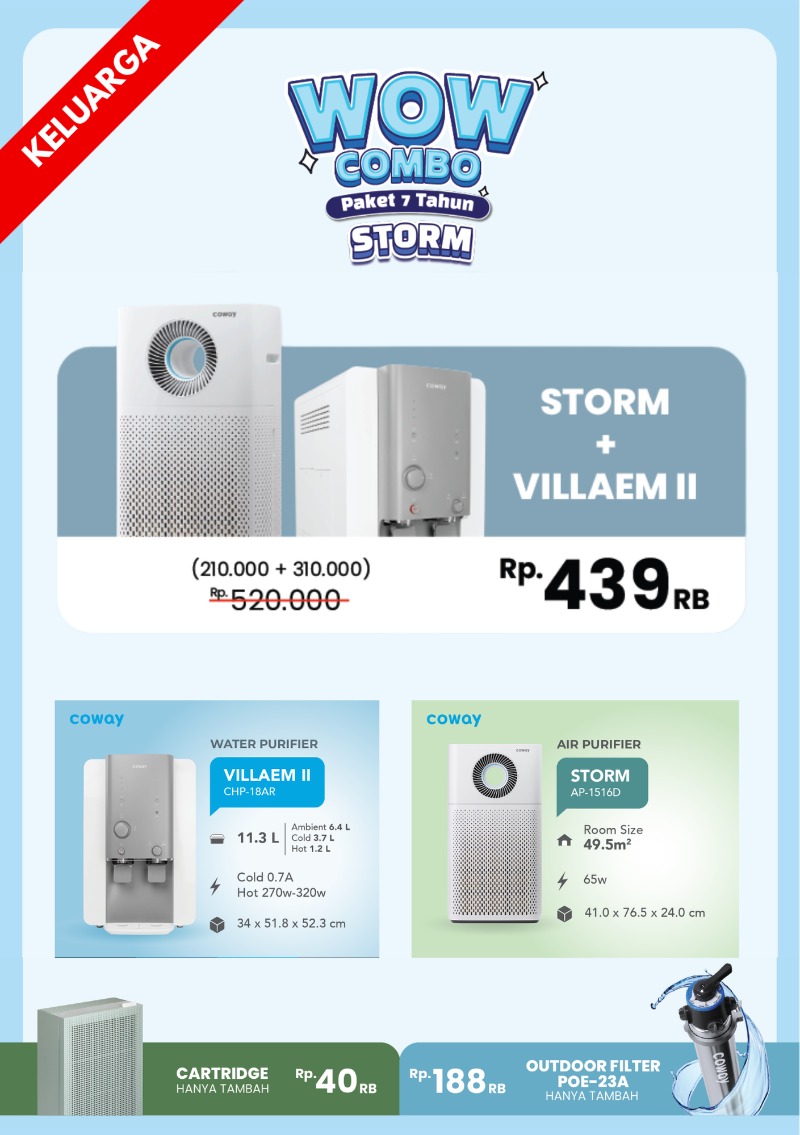 Paket Keluarga Coway Wow Combo, gabungan penjernih udara Storm dan pemurni air Villaem II seharga Rp 439 ribu per bulan. Lindungi kesehatan keluarga Anda dengan pendampingan penuh dari Jamie Waterman