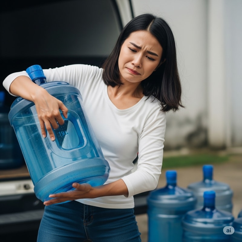 Wanita merasa kelelahan dan kesulitan saat mengangkat galon air minum yang berat. Tinggalkan rutinitas repot ganti galon dan beralih ke kepraktisan Coway Water Purifier dengan layanan purnajual dari Jamie Waterman