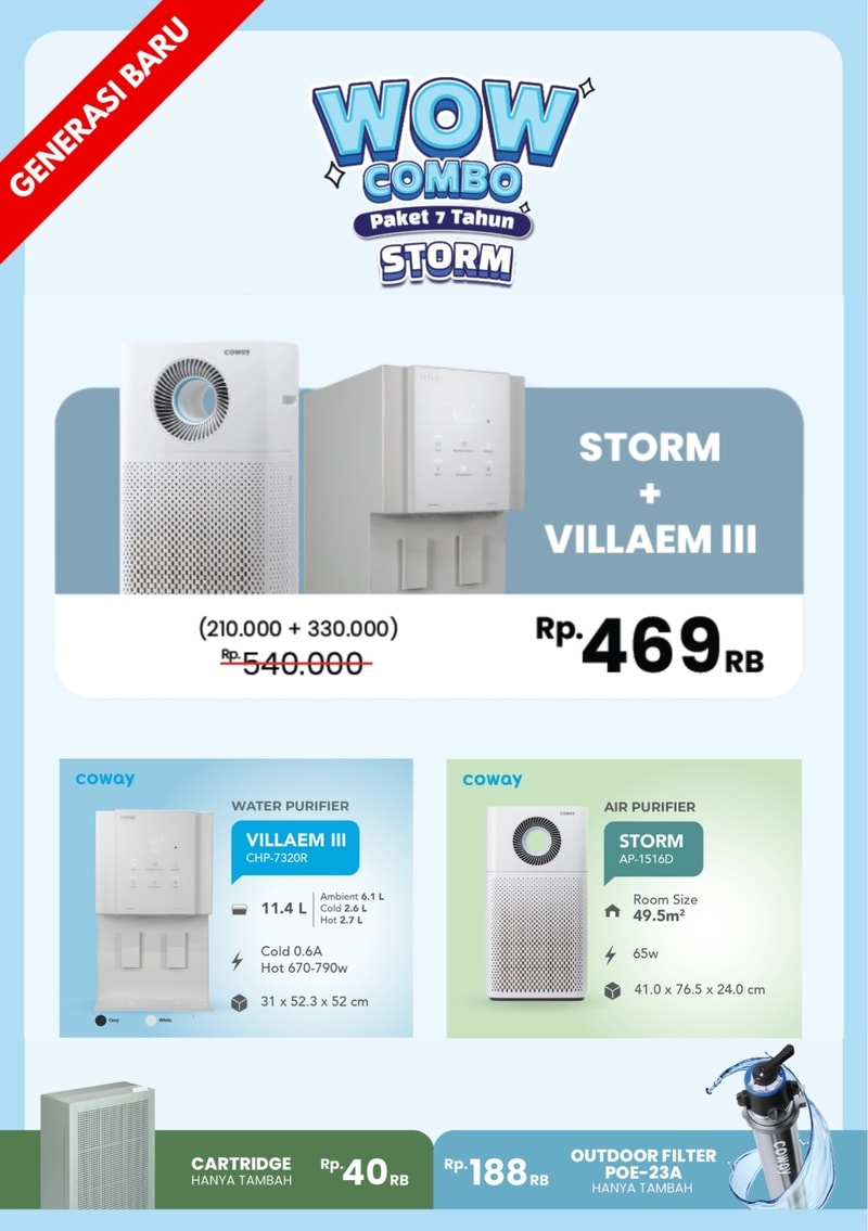 Promo paket Generasi Baru Coway Wow Combo, cicilan air purifier Storm dan water purifier terbaru Villaem III Rp 469 ribu per bulan. Konsultasikan produk generasi terbaru bersama agen Coway Jamie Waterman