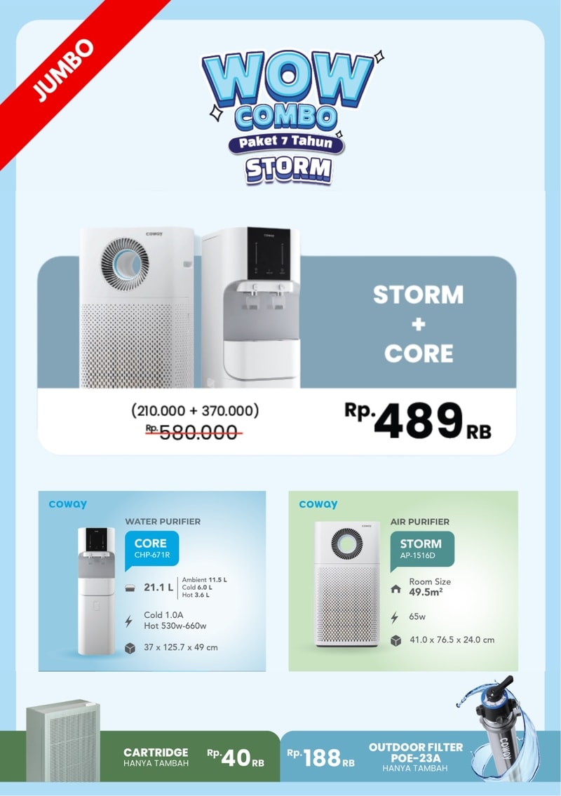 Paket Jumbo Coway Wow Combo untuk kapasitas besar, berisi penjernih udara Storm dan water purifier Core seharga Rp 489 ribu per bulan. Pilihan tepat untuk keluarga besar yang direkomendasikan Jamie Waterman