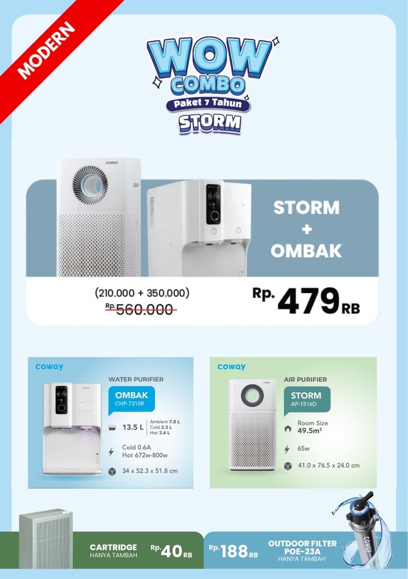 Promo paket Modern Coway Wow Combo, perpaduan air purifier Storm dan water purifier Ombak Rp 479 ribu per bulan. Percayakan instalasi rapi untuk dapur modern Anda pada Jamie Waterman