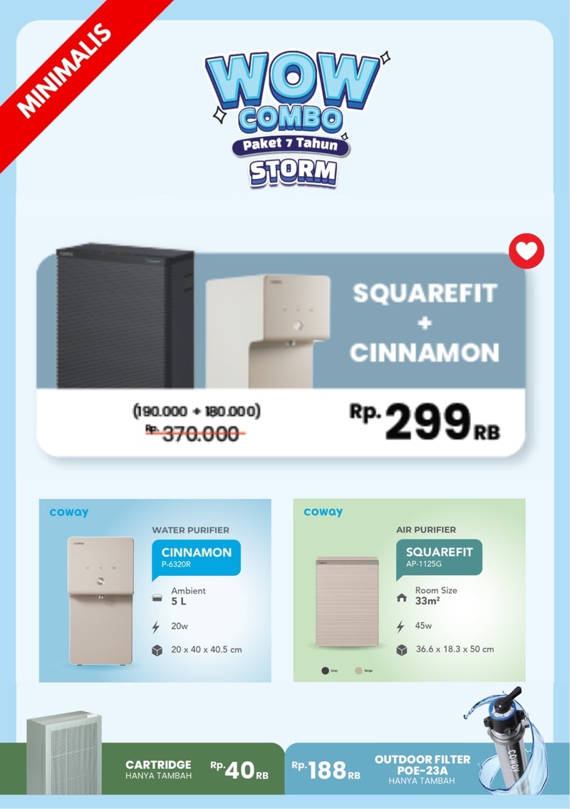 Paket hemat Minimalis Coway Wow Combo, cicilan penjernih udara Squarefit dan water purifier Cinnamon Rp 299 ribu per bulan. Solusi alat kesehatan rumah hemat ruang dari Jamie Waterman