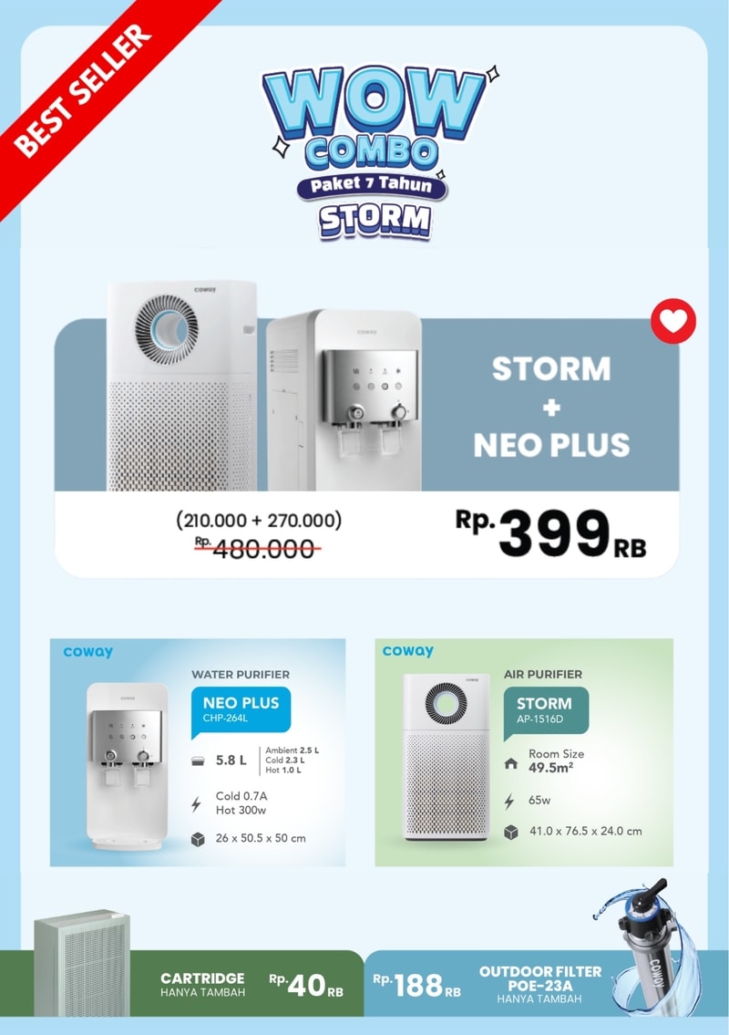 Promo Best Seller Coway Wow Combo, paket cicilan air purifier Storm dan water purifier Neo Plus seharga Rp 399 ribu per bulan. Dapatkan harga transparan dari agen resmi Jamie Waterman