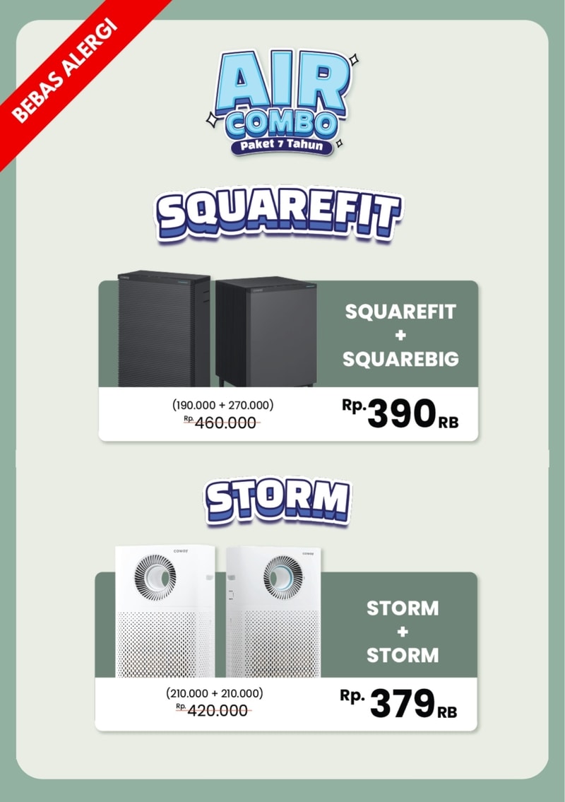 Promo Coway Air Combo Bebas Alergi, paket double air purifier Squarefit dan Storm mulai dari Rp 379 ribu per bulan. Solusi cerdas atasi debu dan alergi di rumah bersama spesialis Coway Jamie Waterman
