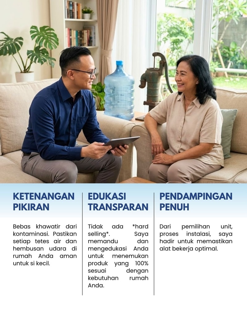 gen resmi Coway Jamie Waterman sedang memberikan edukasi transparan dan konsultasi water purifier kepada pelanggan pengguna air galon, memberikan ketenangan pikiran dan pendampingan penuh