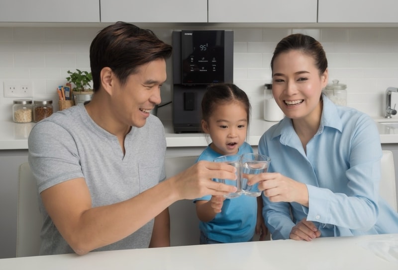 Keluarga bahagia ayah, ibu, dan anak perempuan tersenyum memegang gelas berisi air minum bersih dengan latar belakang water purifier Coway hitam di dapur
