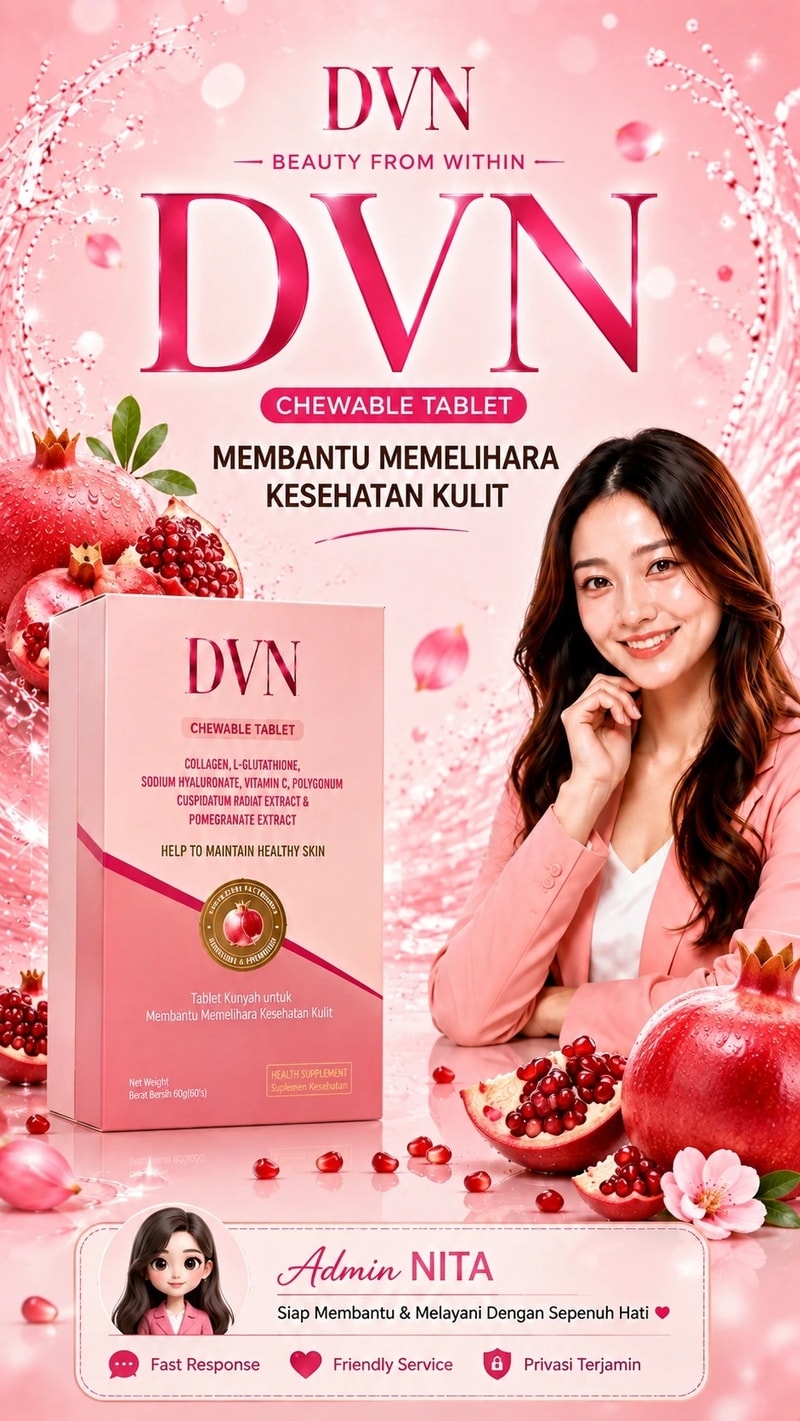 DVN  BEAUTY FROM WITHIN  DVN  CHEWABLE TABLET  MEMBANTU MEMELIHARA KESEHATAN KULIT  DVN  CHEWABLE TABLET  COLLAGEN, L-GLUTATHIONE, SODIUM HYALURONATE, VITAMIN C, POLYGONUM CUSPIDATUM RADIAT EXTRACT & POMEGRANATE EXTRACT  HELP TO MAINTAIN HEALTHY SKIN  Tablet Kunyah untuk Membantu Memelihara Kesehatan Kulit  Net Weight Berat Bersih 60g(60's). HEALTH SUPPLEMENT Suplemen Kesehatan  Admin NITA  Siap Membantu & Melayani Dengan Sepenuh Hati ❤️  Fast Response Friendly Service Privasi Terjamin.