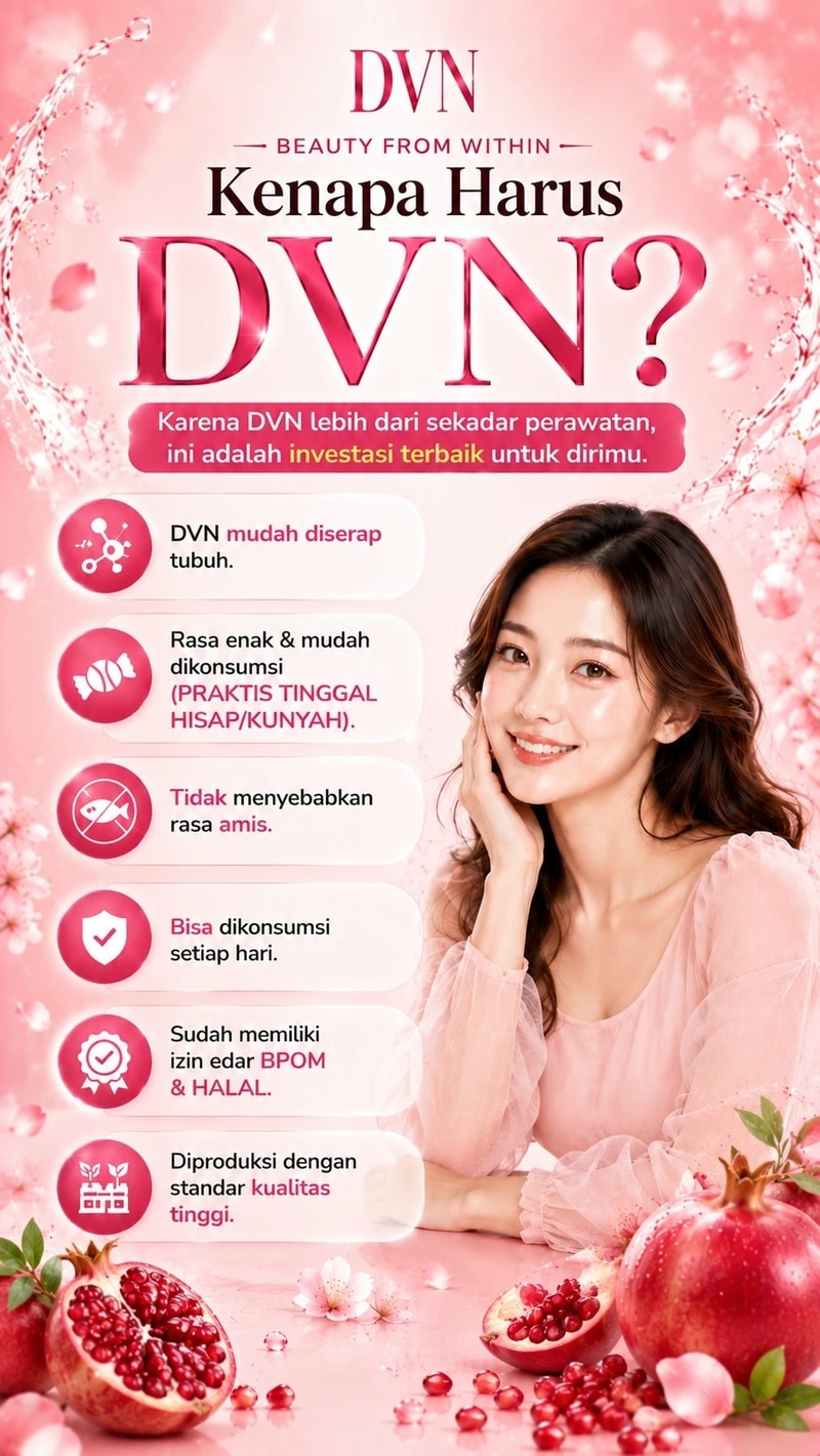 DVN  BEAUTY FROM WITHIN  Kenapa Harus DVN?  Karena DVN lebih dari sekadar perawatan, ini adalah investasi terbaik untuk dirimu.  DVN mudah diserap tubuh. Rasa enak & mudah dikonsumsi (PRAKTIS TINGGAL HISAP/KUNYAH). Tidak menyebabkan rasa amis. Bisa dikonsumsi setiap hari. Sudah memiliki izin edar BPOM & HALAL. Diproduksi dengan standar kualitas tinggi.