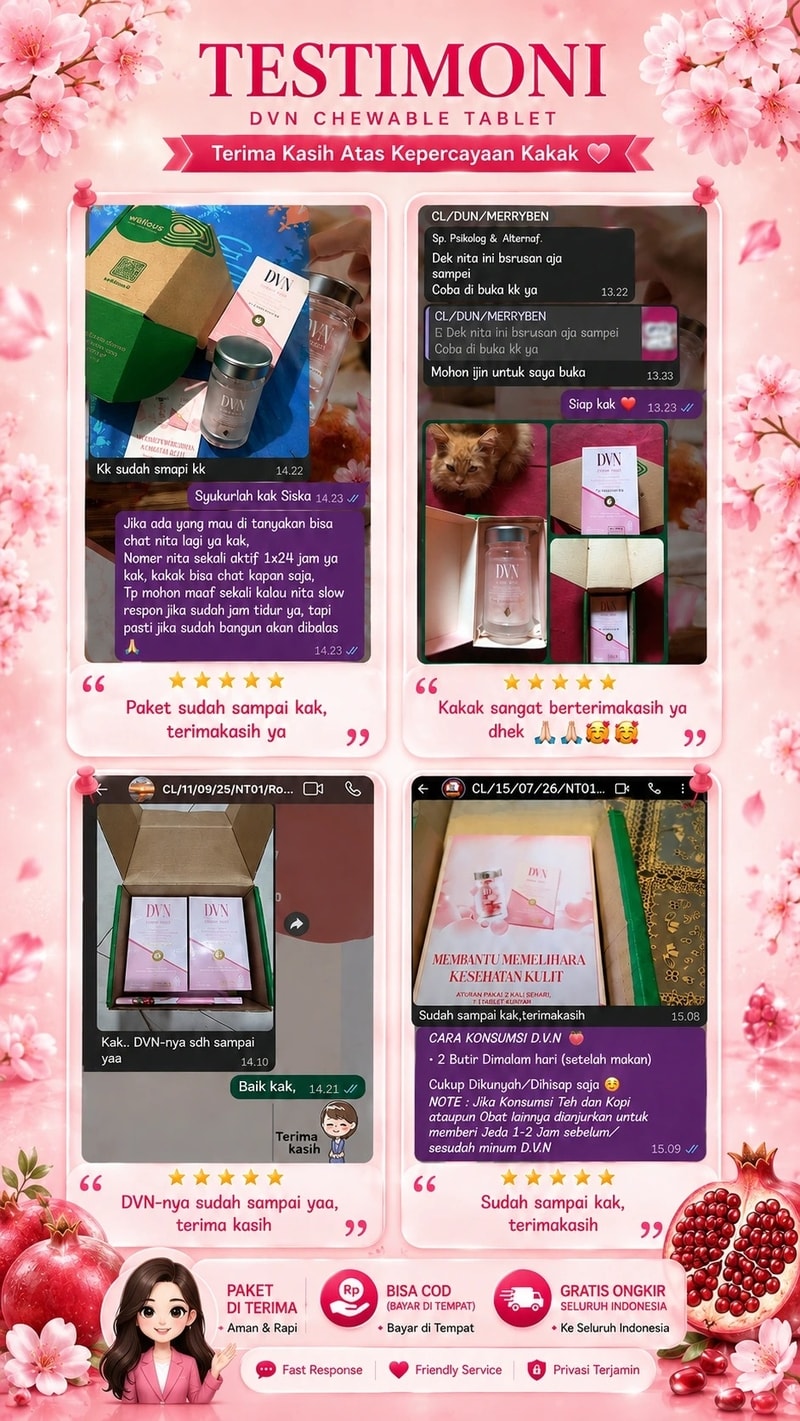 TESTIMONI  DVN CHEWABLE TABLET  Terima Kasih Atas Kepercayaan Kakak ♡  ⭐⭐⭐⭐⭐  Paket sudah sampai kak, terimakasih ya  ⭐⭐⭐⭐⭐  Kakak sangat berterimakasih ya dhek 🙏🏻🙏🏻🥰🥰  ⭐⭐⭐⭐⭐  DVN-nya sudah sampai yaa, terima kasih  ⭐⭐⭐⭐⭐  Sudah sampai kak, terimakasih. PAKET DI TERIMA  Aman & Rapi  BISA COD (BAYAR DI TEMPAT)  Bayar di Tempat  GRATIS ONGKIR SELURUH INDONESIA  Ke Seluruh Indonesia Fast Response Friendly Service Privasi Terjamin.