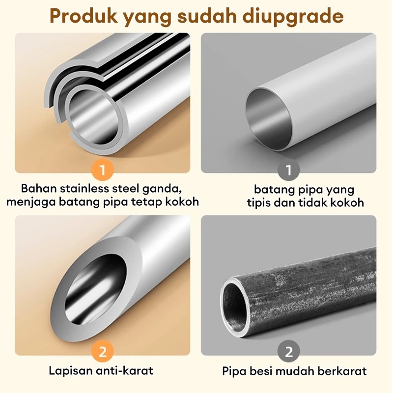 angan samakan dengan pipa besi murah di pasar ya, Bun. Ini pakai bahan anti-karat berlapis-lapis. Cocok banget buat jemuran di kamar mandi yang lembab."